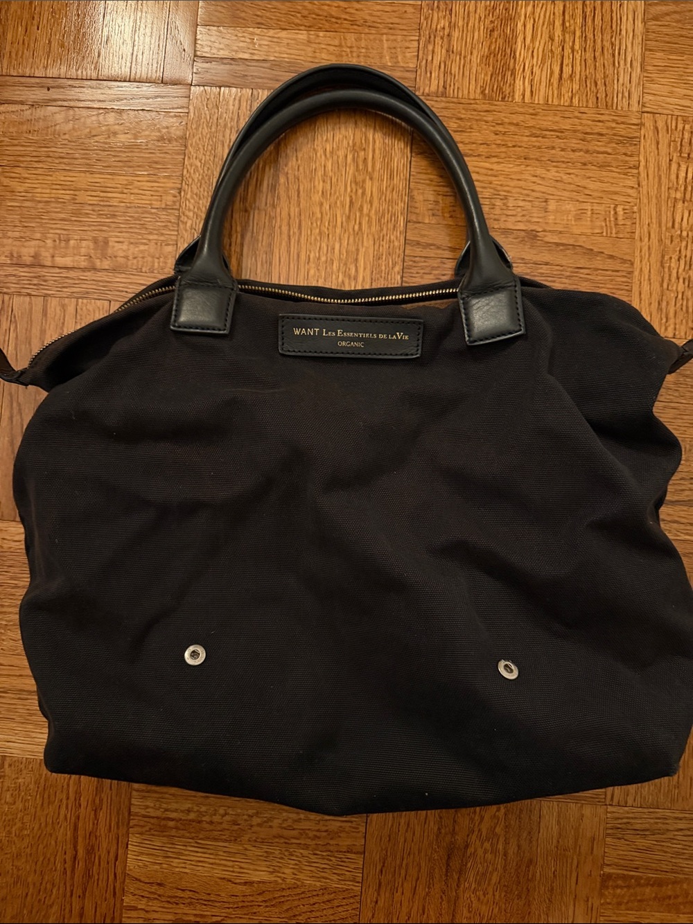 WANT Les Essentiels de la Vie Organic Black Canvas Tote Bag with Leather Handles